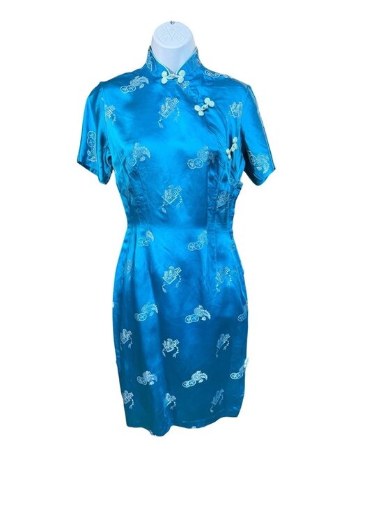 None Dresses & Skirts - Vintage Blue Satin Cheongsam Dress With Embroidered Silver Dragon Pattern Short